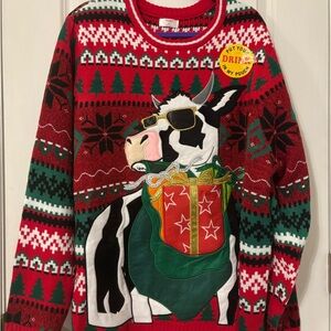 Festive Red and Green Sweater with Cow Design